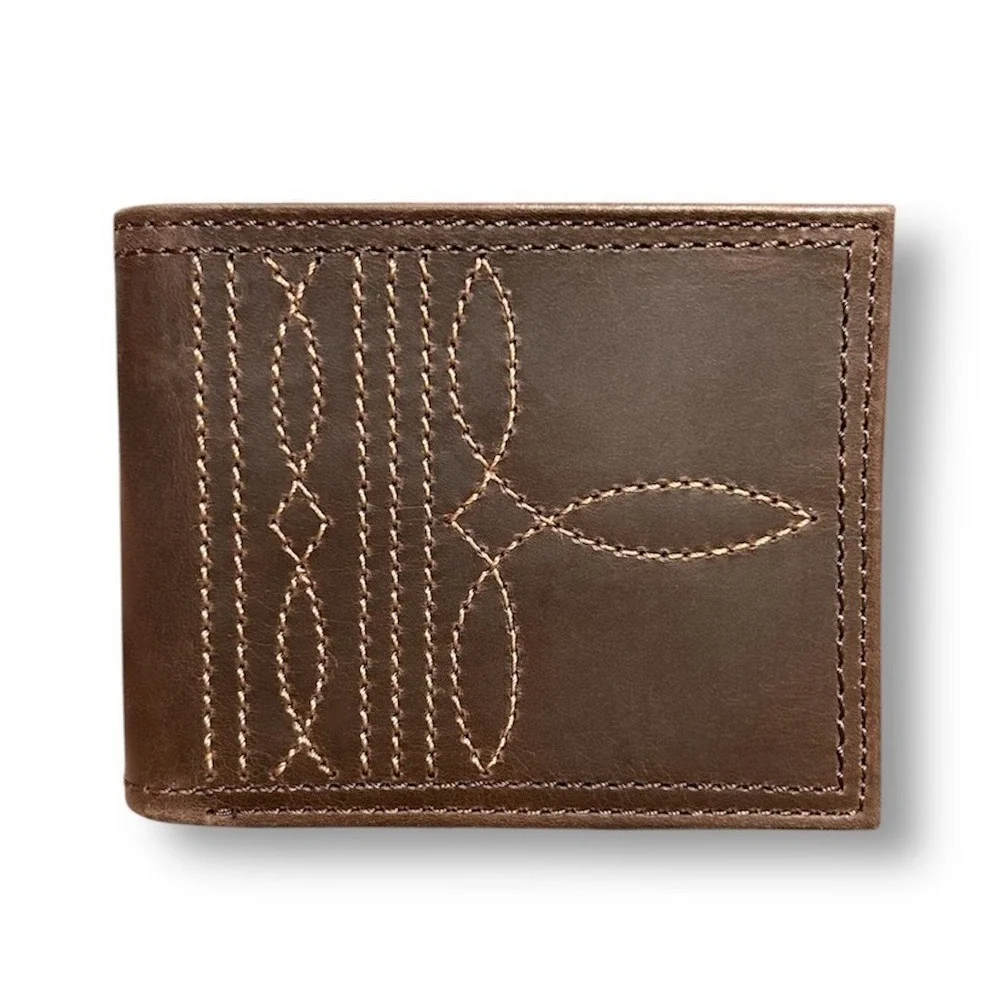 New Justin Brown Genuine Leather Bifold Wallet RFID Western Rodeo Boot Stitching